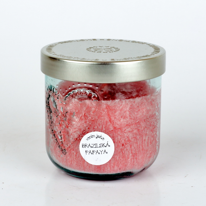 Ručně odlévaná svíčka ve skleněné dóze se srdcem brazilská papaya 190g