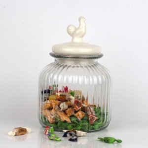 Skleněná dóza na bonbony s kohoutem 17x25cm