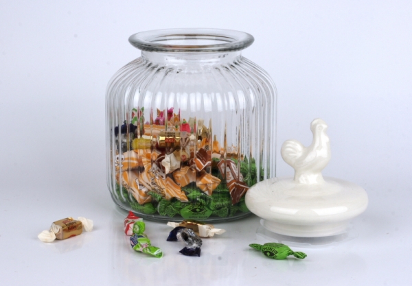 Skleněná dóza na bonbony s kohoutem 17x25cm