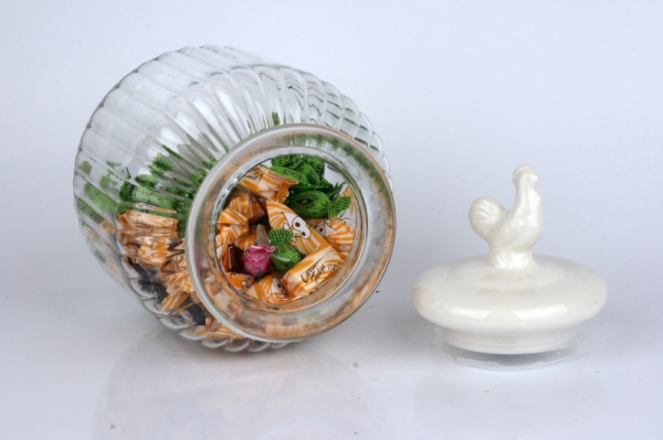 Skleněná dóza na bonbony s kohoutem 17x25cm