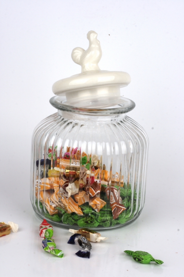 Skleněná dóza na bonbony s kohoutem 17x25cm