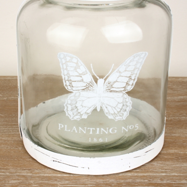 Skleněná lucerna s motýlem bílá 15,5x18x15,5cm