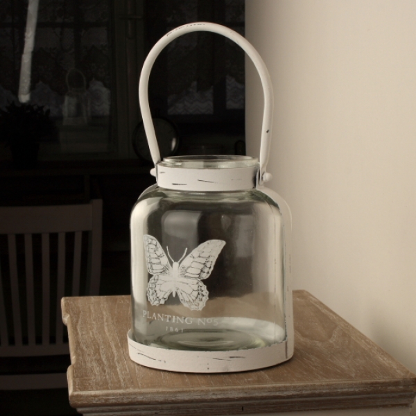 Skleněná lucerna s motýlem bílá 15,5x18x15,5cm