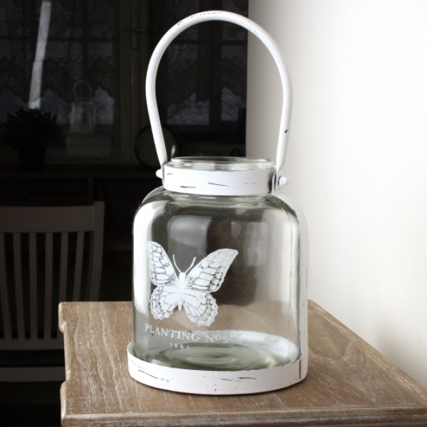 Skleněná lucerna s motýlem bílá 15,5x18x15,5cm