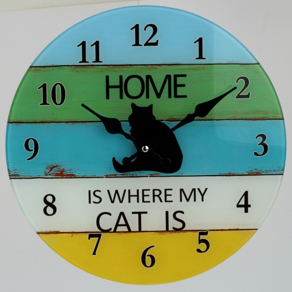 Skleněné nástěnné hodiny kočka 30cm