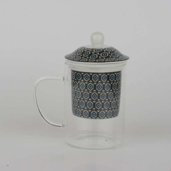 Skleněný hrnek se sítkem na sypaný čaj tmavý 300ml