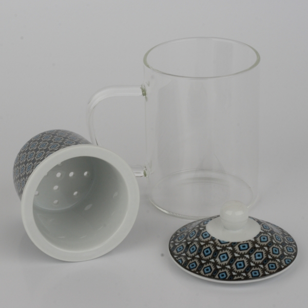 Skleněný hrnek se sítkem na sypaný čaj tmavý 300ml