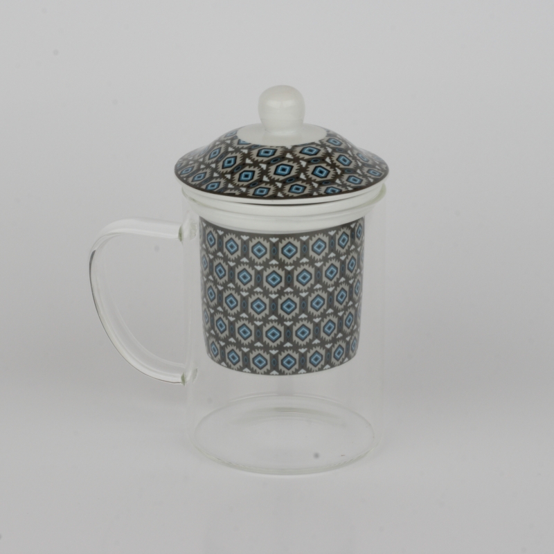 Skleněný hrnek se sítkem na sypaný čaj tmavý 300ml