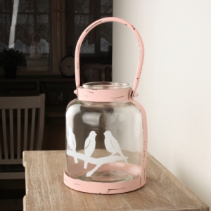 Skleněný svícen s kovovým uchem růžový 18cm