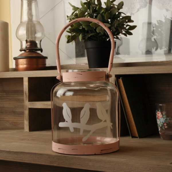 Skleněný svícen s kovovým uchem růžový 18cm