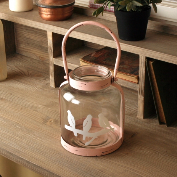 Skleněný svícen s kovovým uchem růžový 18cm