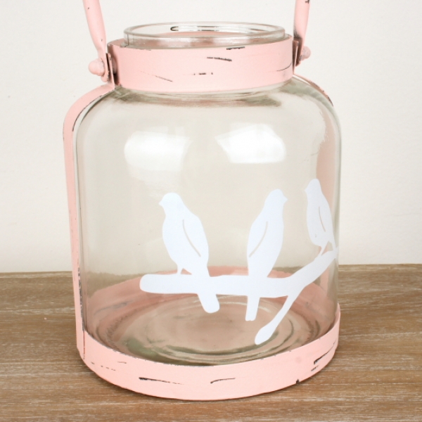 Skleněný svícen s kovovým uchem růžový 18cm