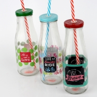 Sklenice s víčkem a brčkem 6x6x19cm - modrá