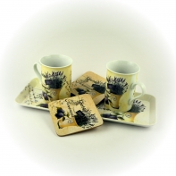 Snídaňový set Levandule - tác, 2x hrníček, 2x podtácek