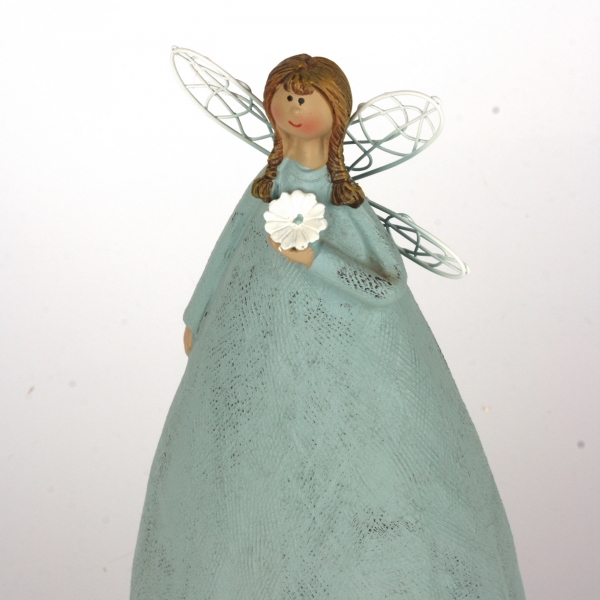 Soška andělka v modrých šatech Ruka na srdci 27cm