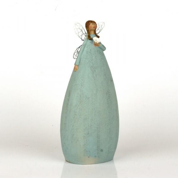 Soška andělka v modrých šatech Ruka na srdci 27cm