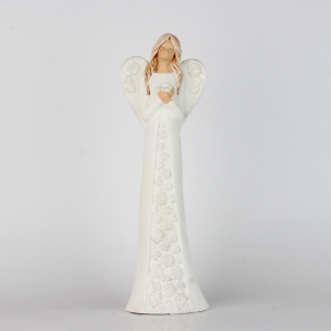 Soška sádrového anděla s bílými květovanými šaty 37cm