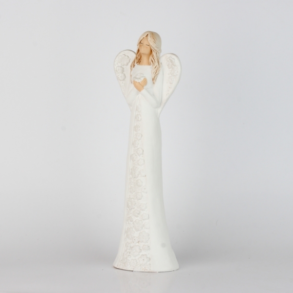 Soška sádrového anděla s bílými květovanými šaty 37cm