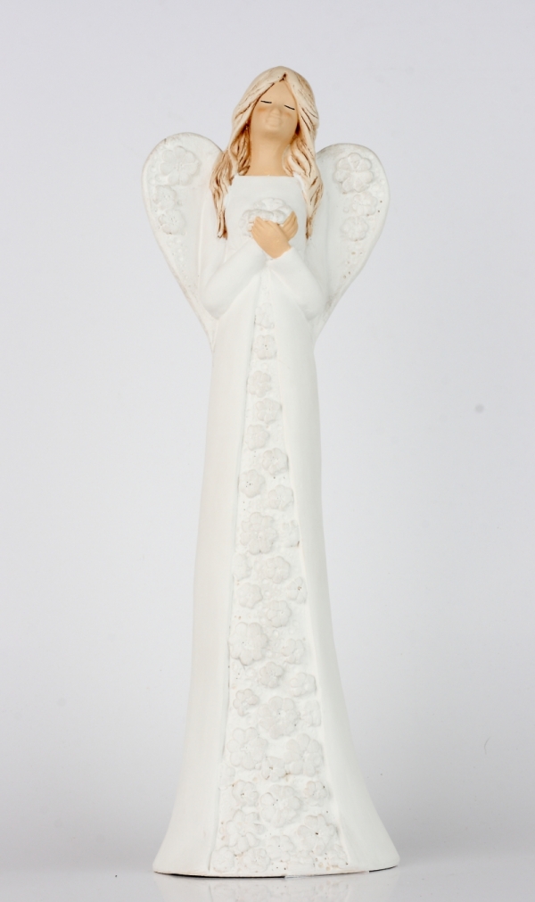 Soška sádrového anděla s bílými květovanými šaty 37cm