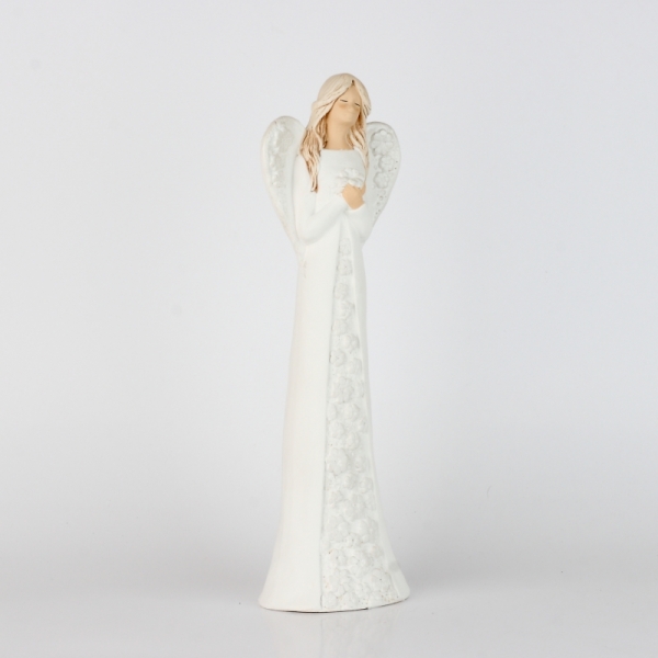 Soška sádrového anděla s bílými květovanými šaty 37cm