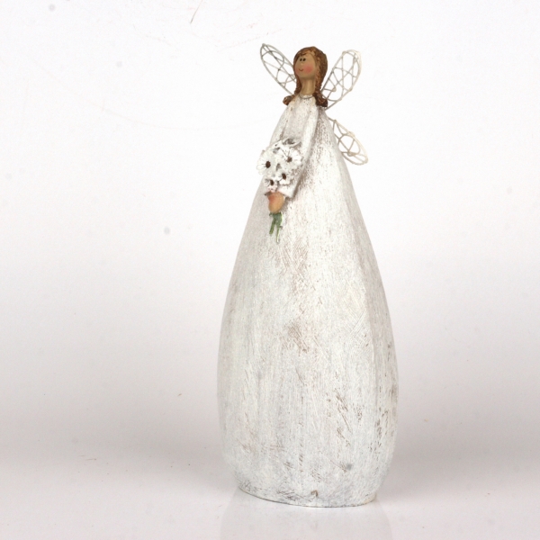 Soška víla v bílých šatech s kyticí 27cm