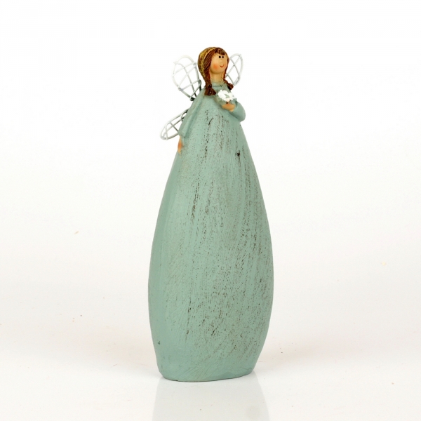 Soška víla v modrých šatech Ruka na srdci 15cm