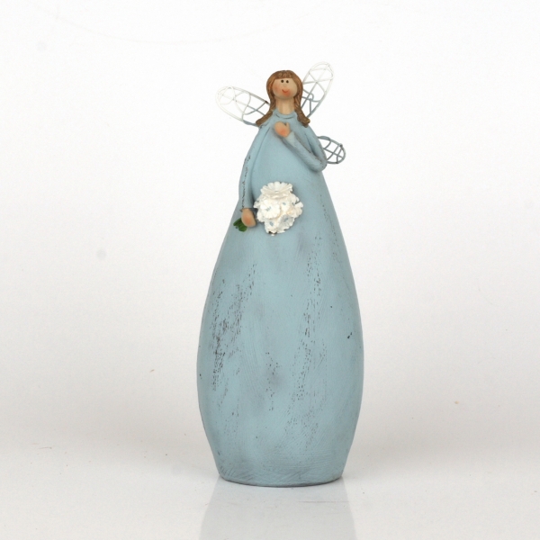 Soška víla v modrých šatech Ruka na srdci 20cm