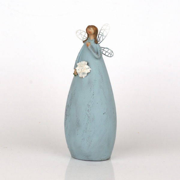 Soška víla v modrých šatech Ruka na srdci 20cm