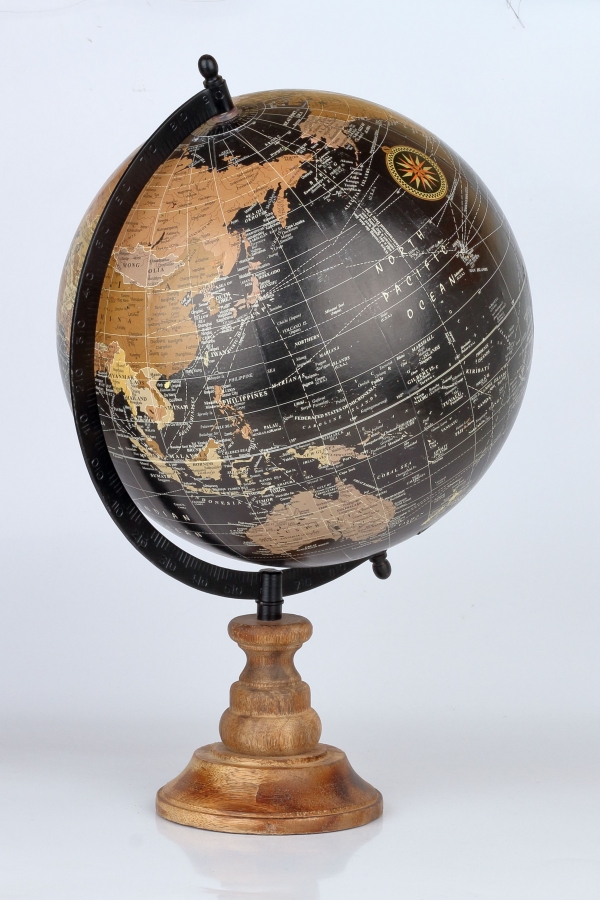 Stolní globus na dřevěném podstavci černý 24cm výška 40cm