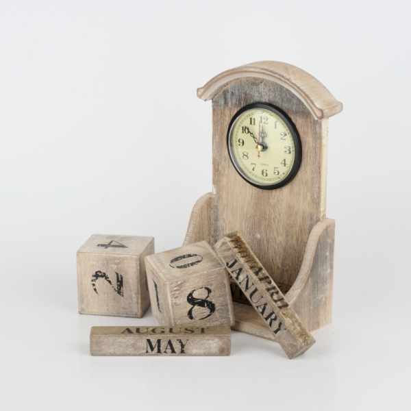 Stolní hodiny s kalendářem přírodní s patinou 28x14x7cm