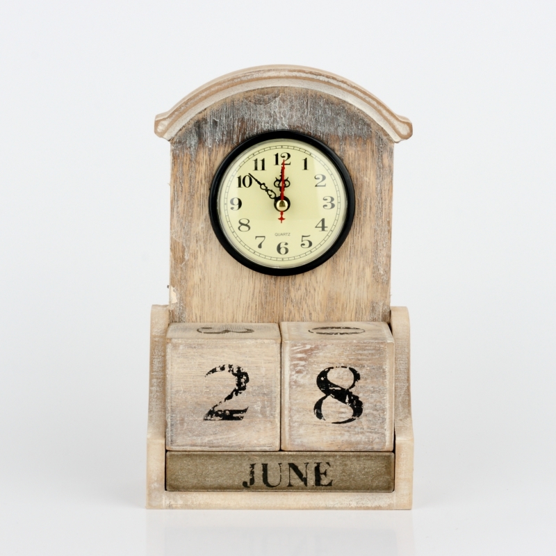 Stolní hodiny s kalendářem přírodní s patinou 28x14x7cm