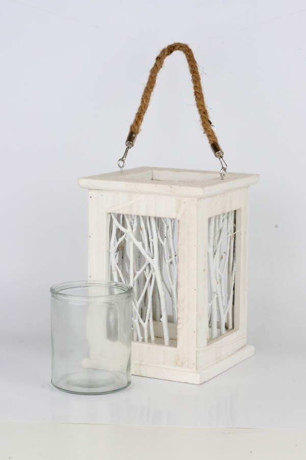 Svícen dřevěný s větvičkami bílý 17x23cm