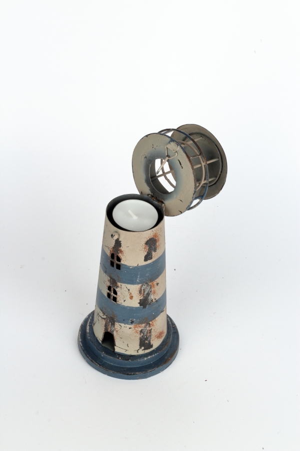 Svícen na čajovou svíčku maják modrý 24cm