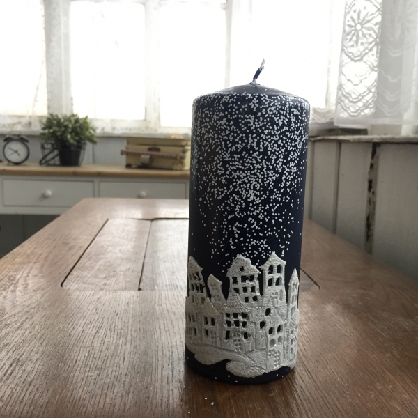 Svíčka vánoční čas válec modrý 7x18cm