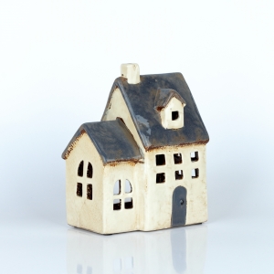 Svítící domeček s přístavkem krémový, modrá střecha