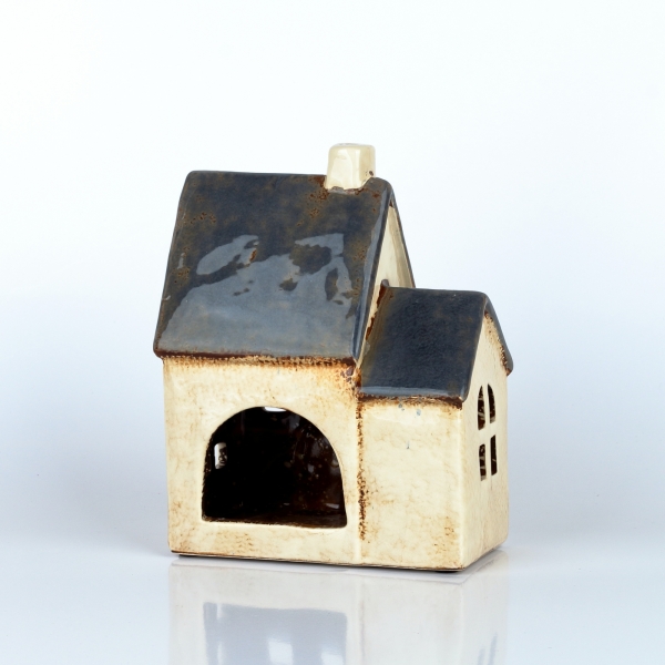 Svítící domeček s přístavkem krémový, modrá střecha