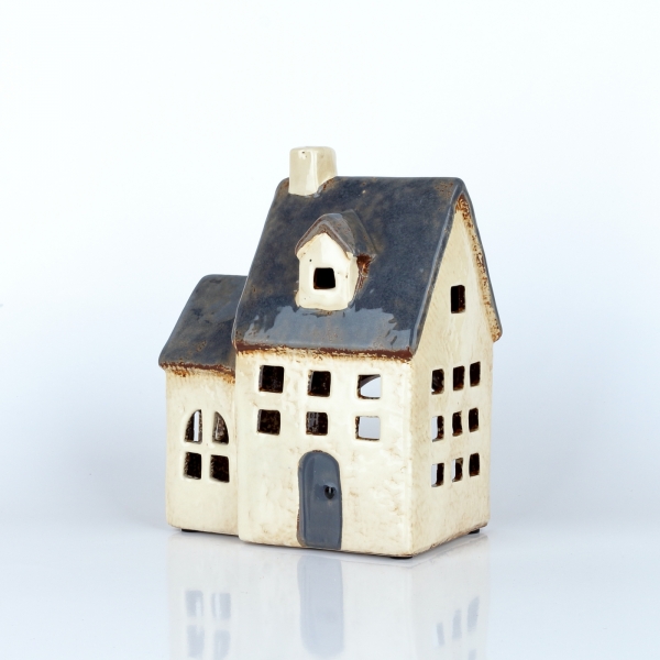 Svítící domeček s přístavkem krémový, modrá střecha