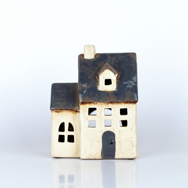 Svítící domeček s přístavkem krémový, modrá střecha