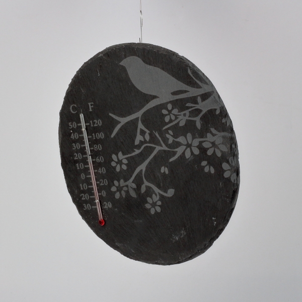 Teploměr z břidlice s ptáčkem kulatý 22cm