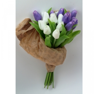 Tulipány kytice bílé-fialové 17ks