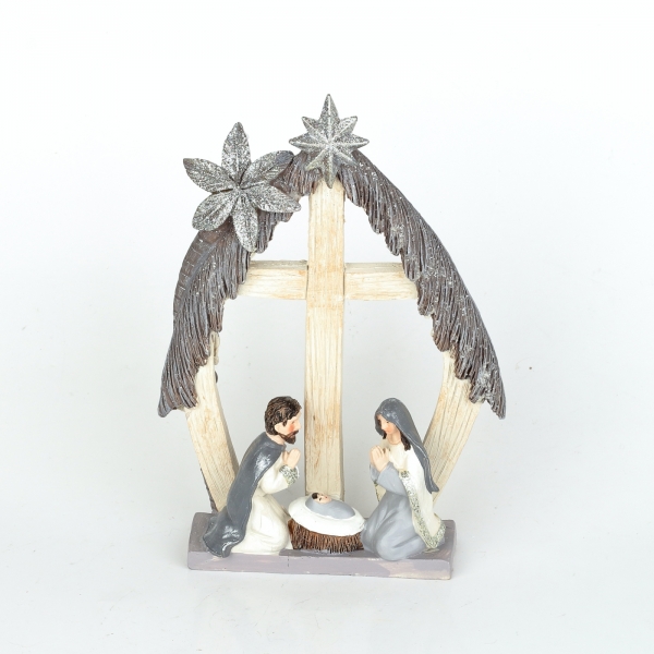 Vánoční betlém s křížem, kulatý, 15x21x5cm