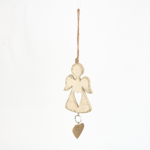 Vánoční dekorace dřevěný závěsný anděl pro štěstí zlatý 7x17x1cm