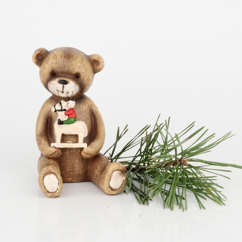 Vánoční dekorace soška medvídka s koníkem 11cm