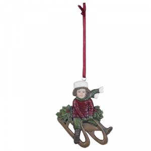 Vánoční ozdoba chlapec na saních 9x9cm