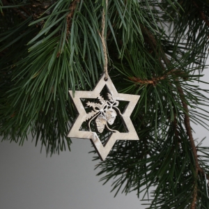 Vánoční ozdoby - dřevěná hvězda s šiškou 6cm (sada 6ks)