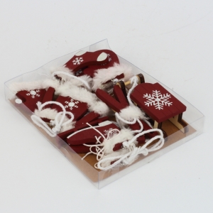 Vánoční ozdoby dřevěné červené zimní set 7ks