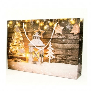 Vánoční papírová taška ležatá bílá lucerna 41x9,6x33 cm