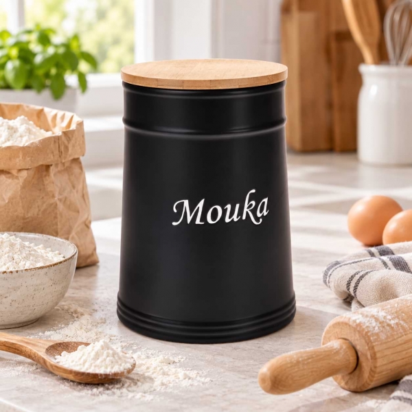 Velká keramická dóza na mouku 2,19 l s bambusovým víkem – černá