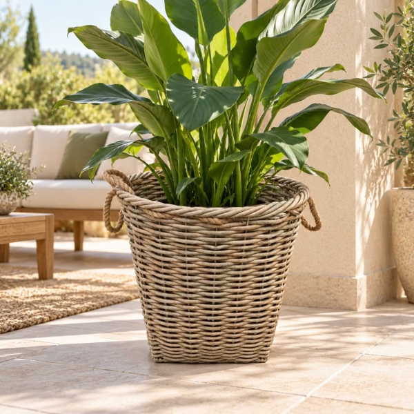 Velký kulatý obal na květináč z umělého proutí – šedobéžový 53 cm