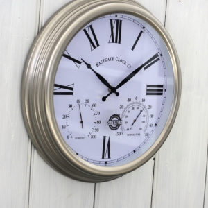 Venkovní nástěnné hodiny s teploměrem a vlhkoměrem stříbrné 38,4cm